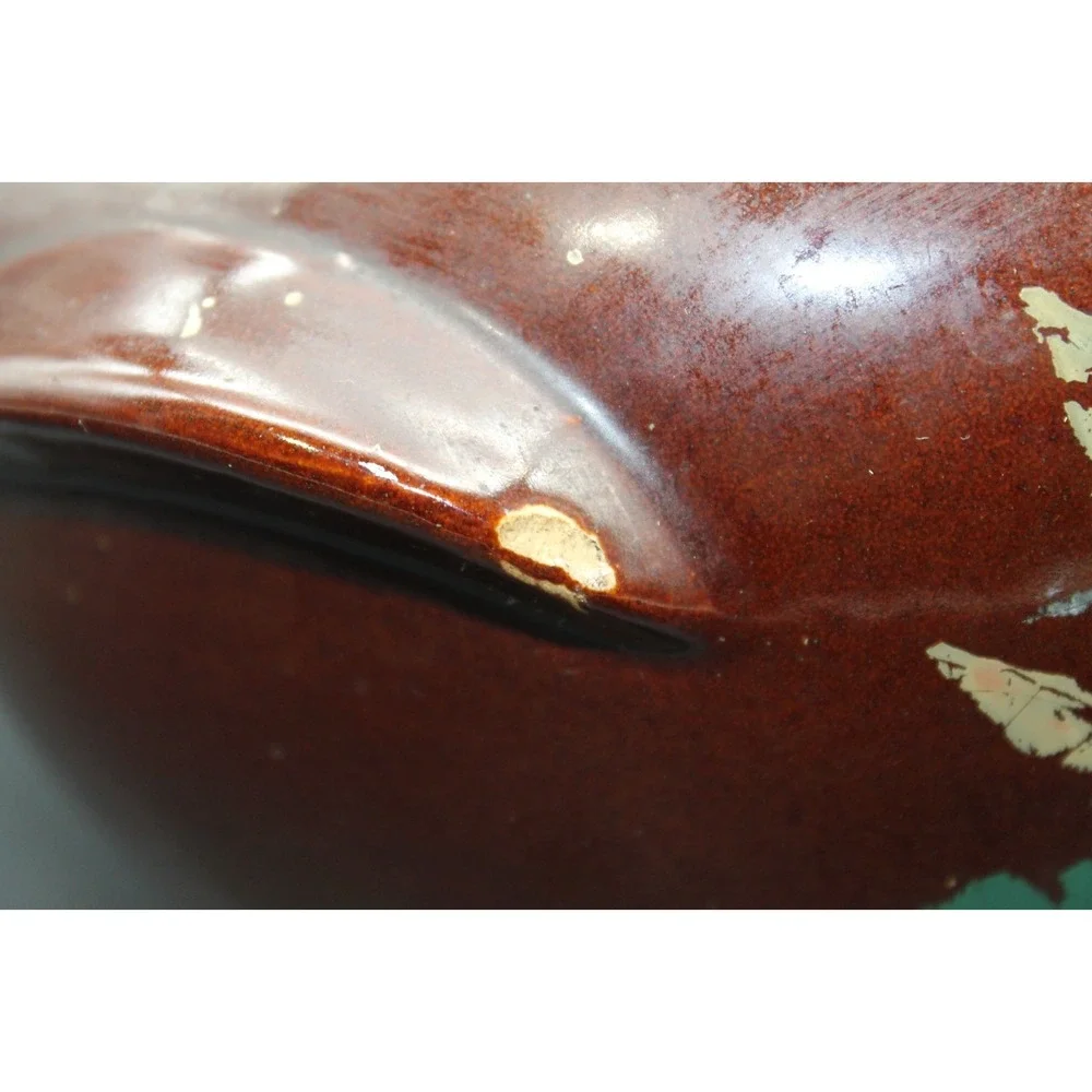 Vintage USA Pottery Brown Floral Bean Pot Crock 2 Handle Hand Painted Stoneware